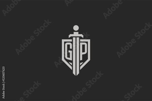 Letter GP logo with shield and sword icon design in geometric style