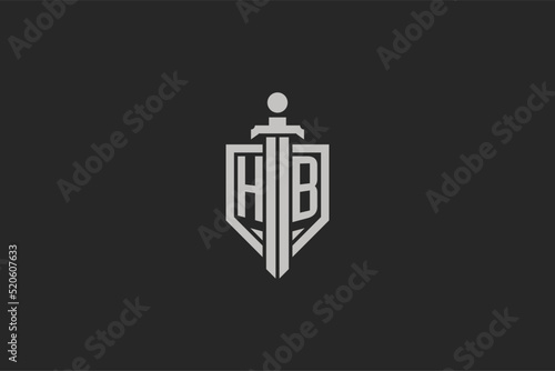 Letter HB logo with shield and sword icon design in geometric style
