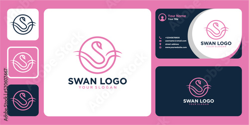 swan logo design with line art and business card