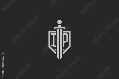 Letter IP logo with shield and sword icon design in geometric style