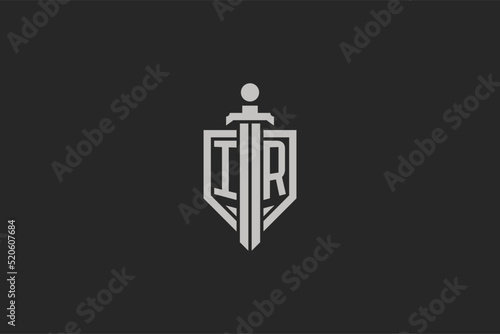 Letter IR logo with shield and sword icon design in geometric style