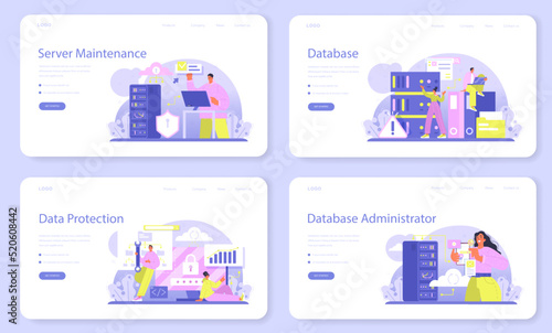Data base administrator web banner or landing page set. Manager working