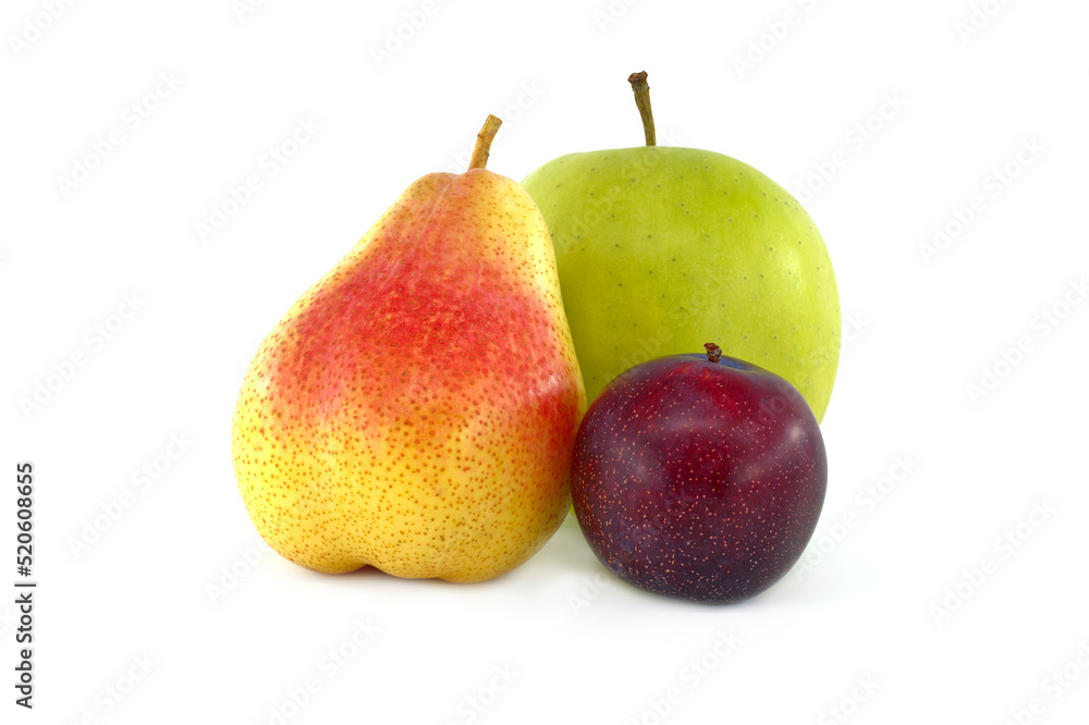 Pear, plum and green apple isolated on white Pear, plum and green apple isolated on white
