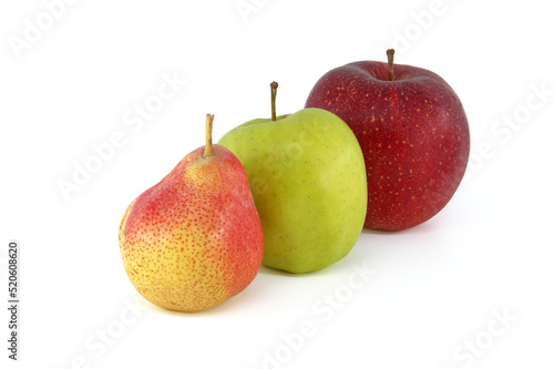 Pear, red and green apples on white background