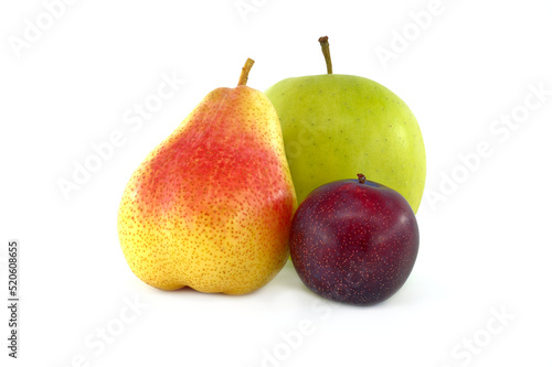Pear  plum and green apple isolated on white