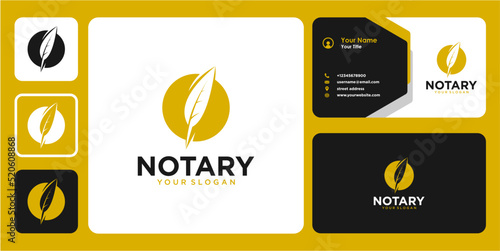 notary logo design with feather and business card