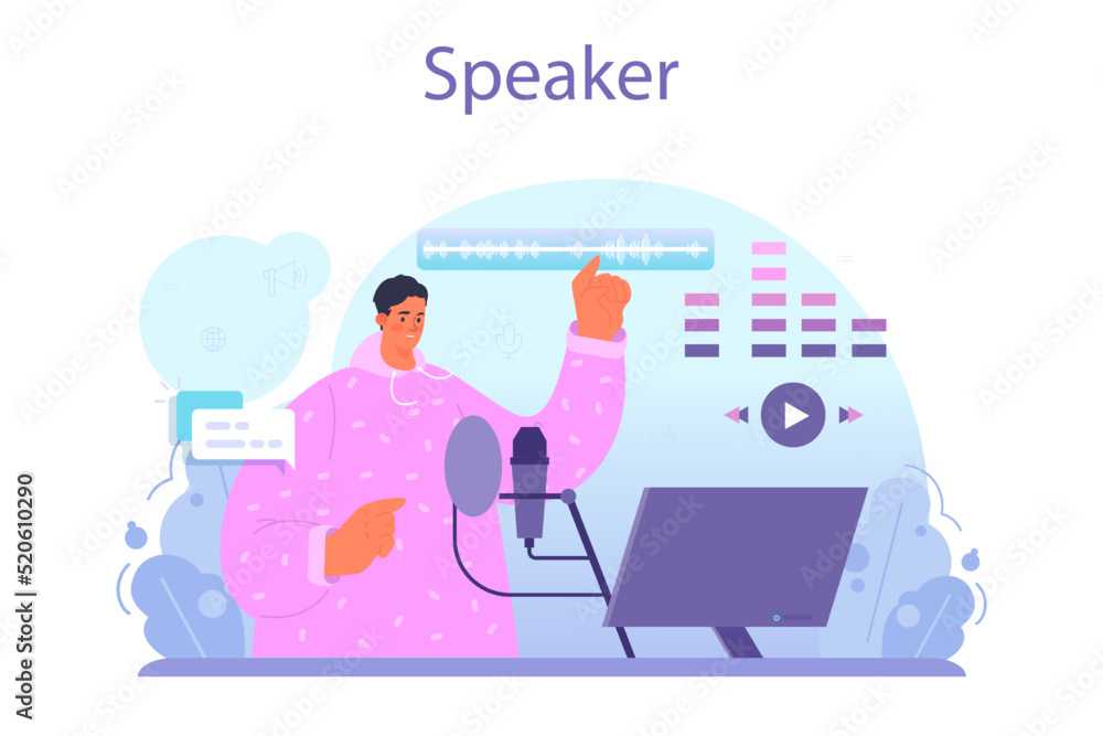 Speaker concept set. Voice actor dubbing a movie, audio book