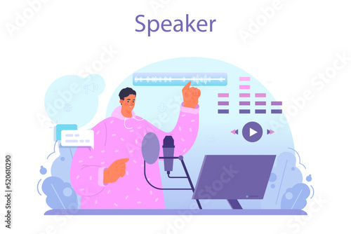 Speaker concept set. Voice actor dubbing a movie, audio book