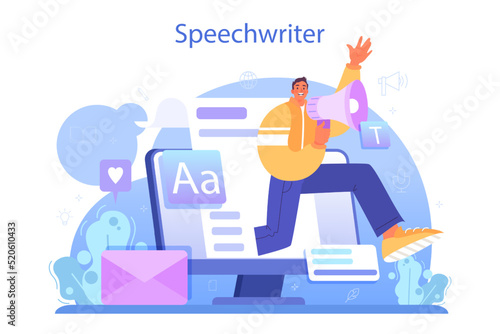 Speechwriter concept. Professional speaker or journalist write a content
