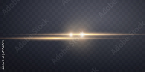 Gold horizontal lens flare. Sun flash with rays or gold spotlight and bokeh. Yellow glow flare light effect. Vector illustration.