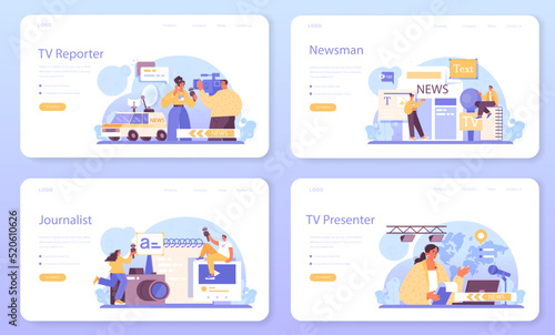TV presenter web banner or landing page set. Journalist in a studio