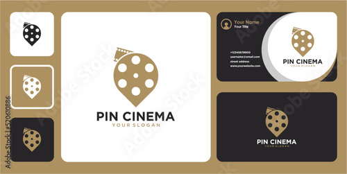 pin logo design with cinema or film reel and business card