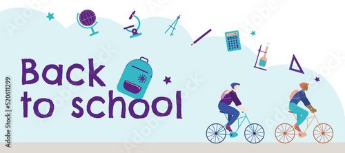 Bannière et illustration vectorielle rentrée scolaire avec texte "back to school". Illustration avec des enfants qui font du vélo pour le retour à l'école avec autour des fournitures scolaires.	