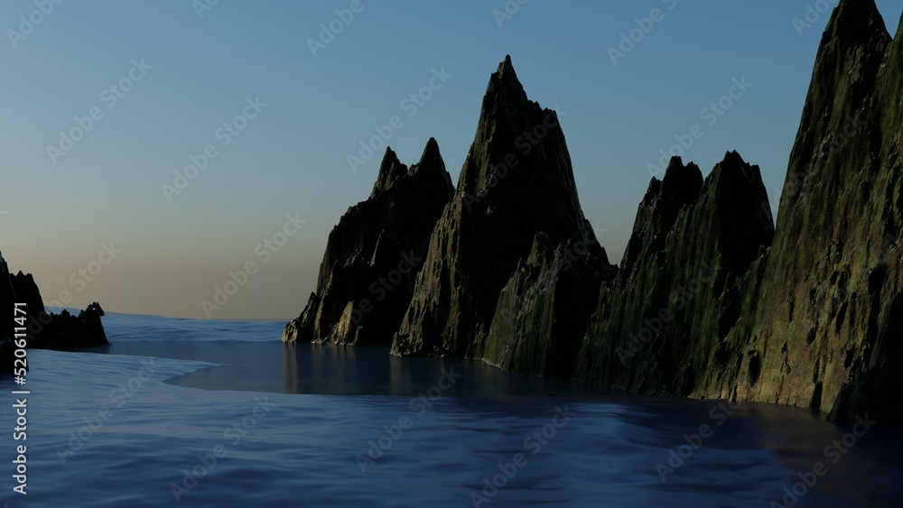 Realistic mountains landscape. Evening panorama, sea and mountains silhouettes. hiking background 3D rendering