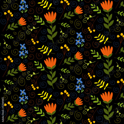 Creative universal art background in doodle style. Colorful pattern of flowers. Vector illustration. Trendy graphic design for banner, poster, card, cover, invitation, placard, brochure.