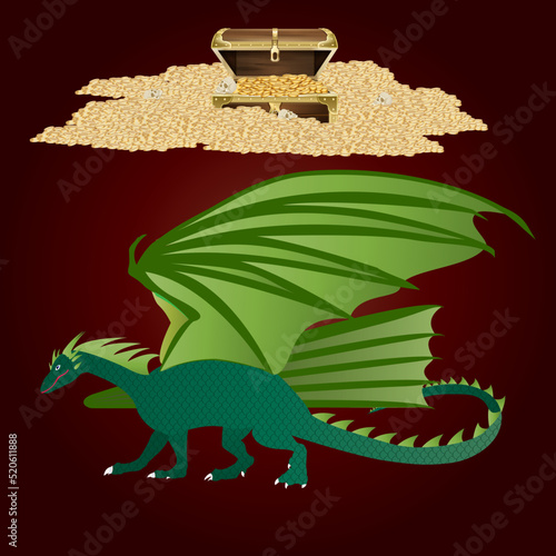 a green dragon guarding a treasure chest overflowing with gold and the human skulls of those who have tried to steal the treasure