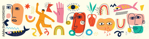 Big Set of Different colored Vector illustartions for posters in Cartoon Flat design. Hand drawn Abstract shapes, faces, different texture funny Comic characters.