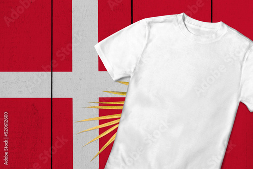 Patriotic t-shirt mock up on background in colors of national flag. Denmark