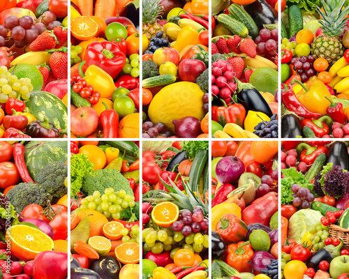 Fresh bright vegetables and fruits separated by vertical lines.