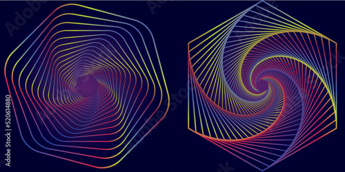 Abstract picture of geometric shapes that spin in a spiral circle from small to large. on a purple background
