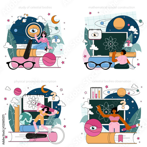 Astrophysicist concept set. Astronomy scientist studying the universe
