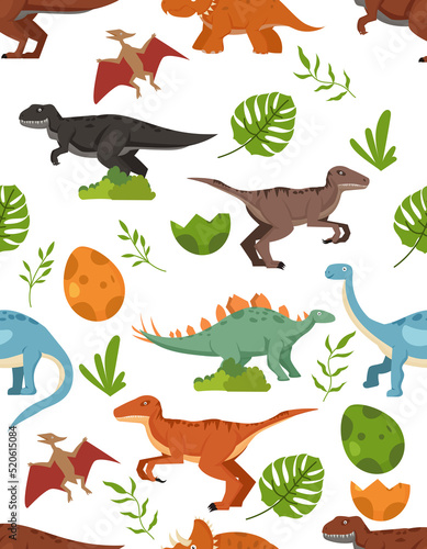 pattern with dinosaurs and tropical leaves  textile  nursery wallpaper. Cute dino design. Vector illustration.