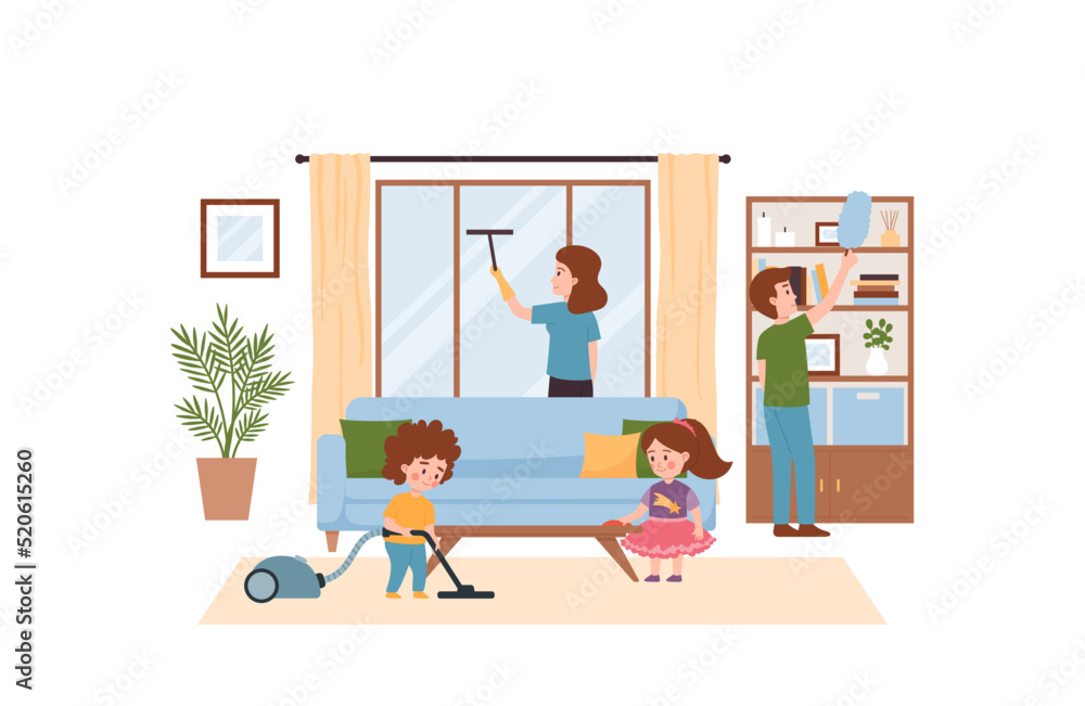Family clean living room together, kids help parents with cleaning - flat vector illustration.