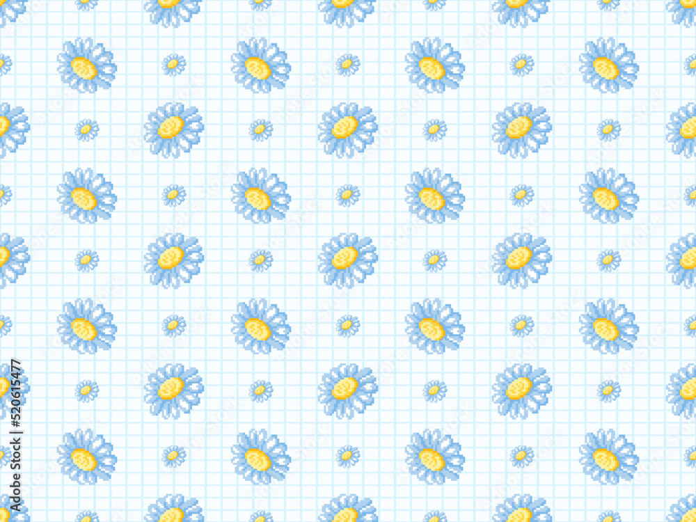 Flower cartoon character seamless pattern on blue background. Pixel style Flower cartoon character seamless pattern on blue background. Pixel style