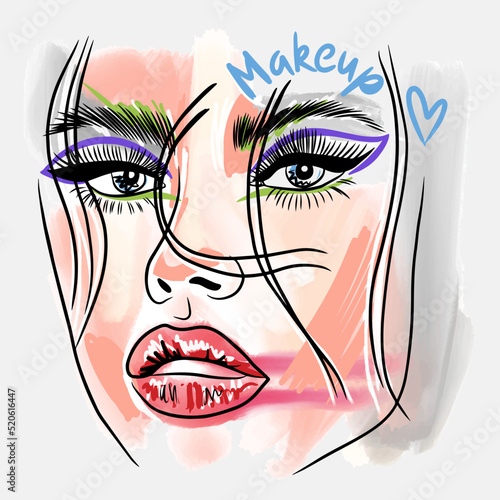 Makeup, handwritten quote. Fashion sketch of a portrait of a girl with bright makeup, big lips