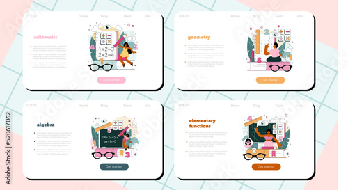 Math school subject web banner or landing page set. Students studying