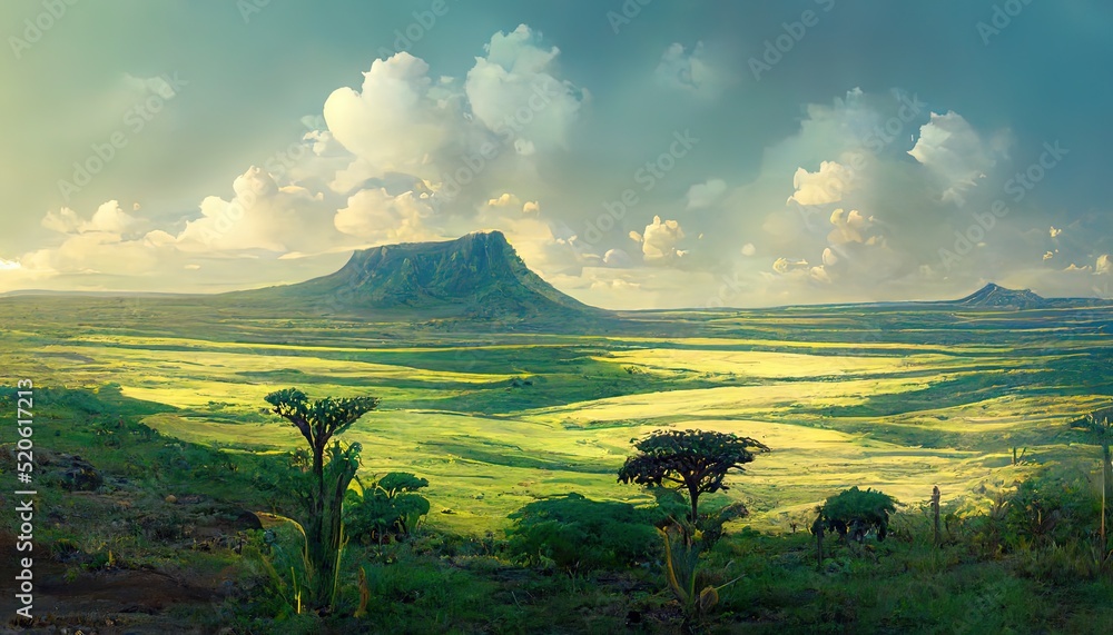 African savannah landscape, wild nature of Africa. Realistic landscape
