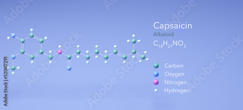 Capsaicin, alkaloid, chili pepper extract. Molecular model, 3d rendering, Structural Chemical Formula and Atoms with Color Coding photo