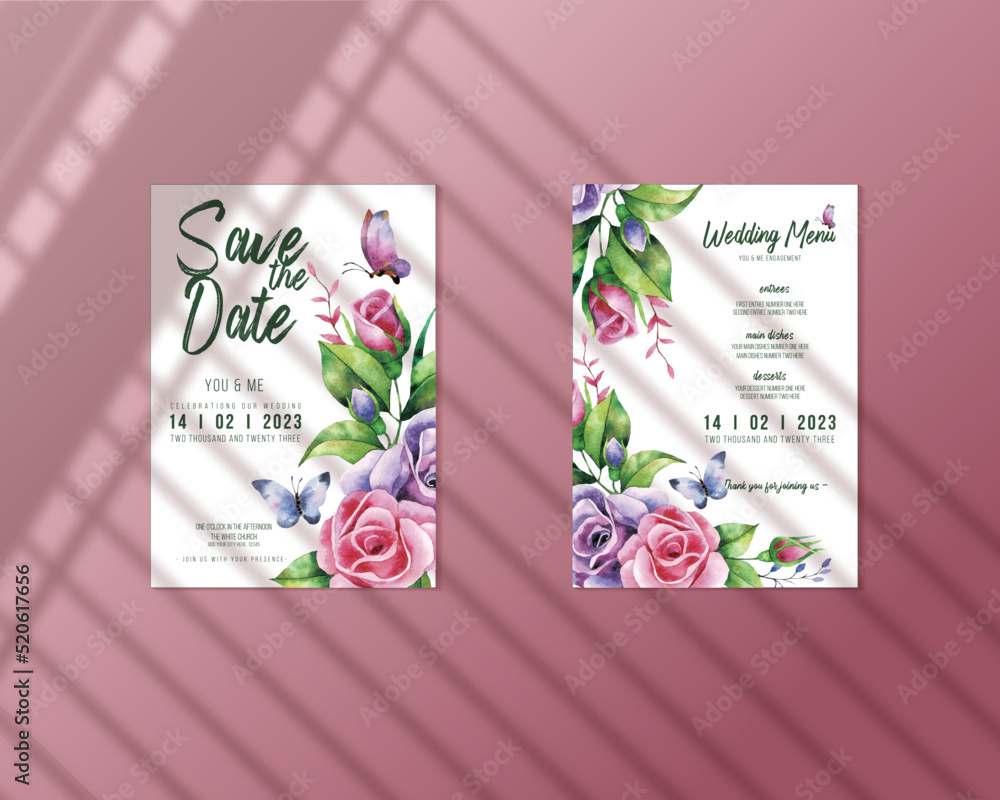 Obraz premium Watercolor bunch of flowers wedding invitation card and menu template