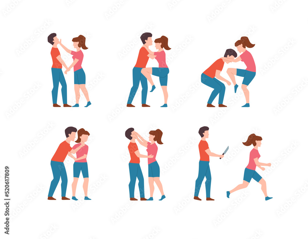 Self-defense techniques for women set, flat vector illustration isolated.