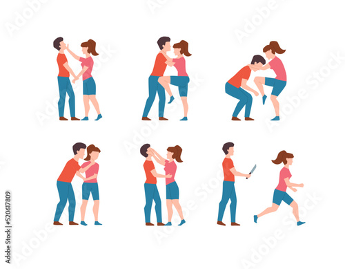 Self-defense techniques for women set  flat vector illustration isolated.