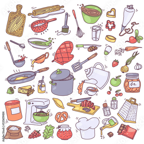 Kitchen tools and food ingredients set, doodle vector illustration isolated on white background.