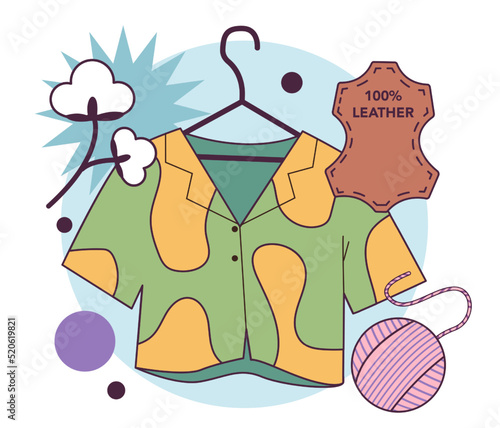 Natural fabrics clothes, organic fibers and materials. Cotton, wool and leather