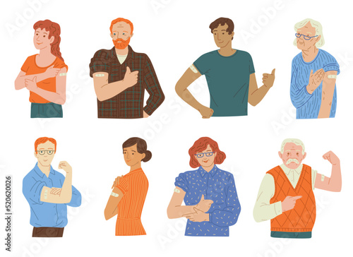 Vaccinated young and elderly people set, flat vector illustration isolated.