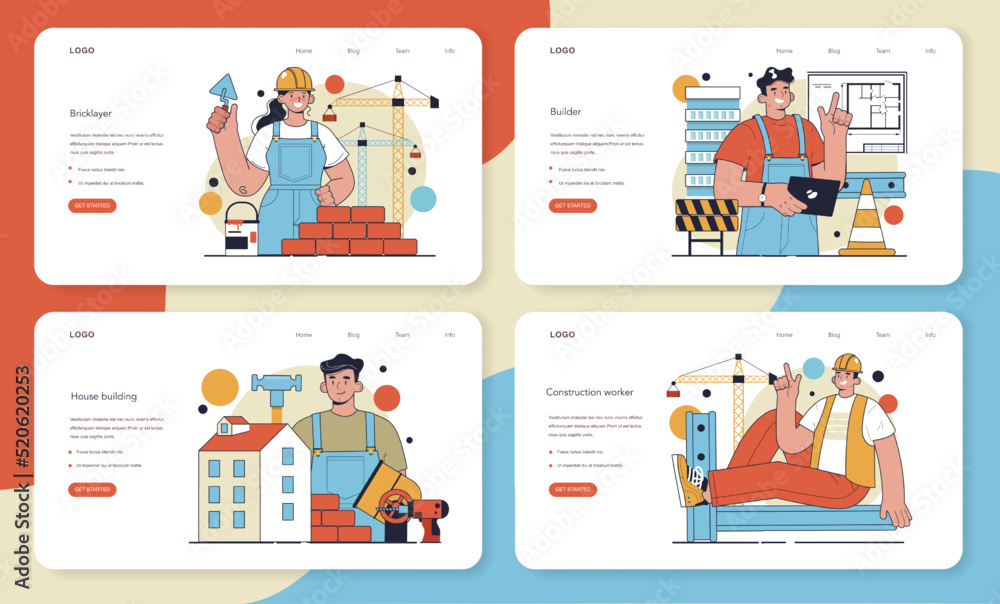 Builder web banner or landing page set. Workers constructing