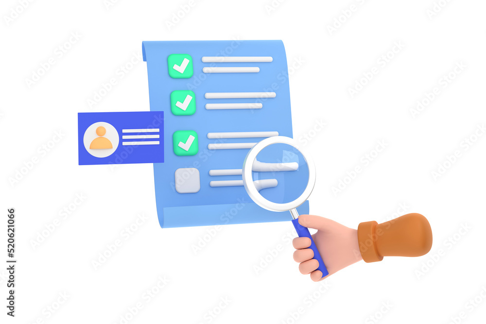 Hand hold magnifying glass with Id card, checklist paper, recruitment staff, human resources, job search, job application Hand hold magnifying glass with Id card, checklist paper, recruitment staff, human resources, job search, job application