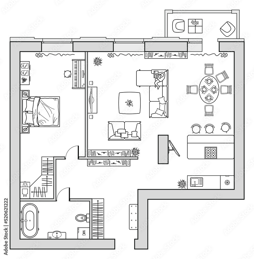 Architectural plan view from above. Apartment with kitchen and bedroom