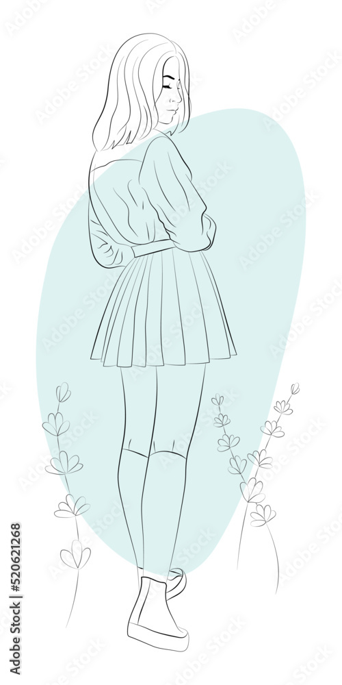 Vector illustration of a teenage girl. Schoolgirl in student uniform: shirt, pleated skirt, stockings, sneakers. The background contains abstract elements and floral ornaments Vector illustration of a teenage girl. Schoolgirl in student uniform: shirt, pleated skirt, stockings, sneakers. The background contains abstract elements and floral ornaments