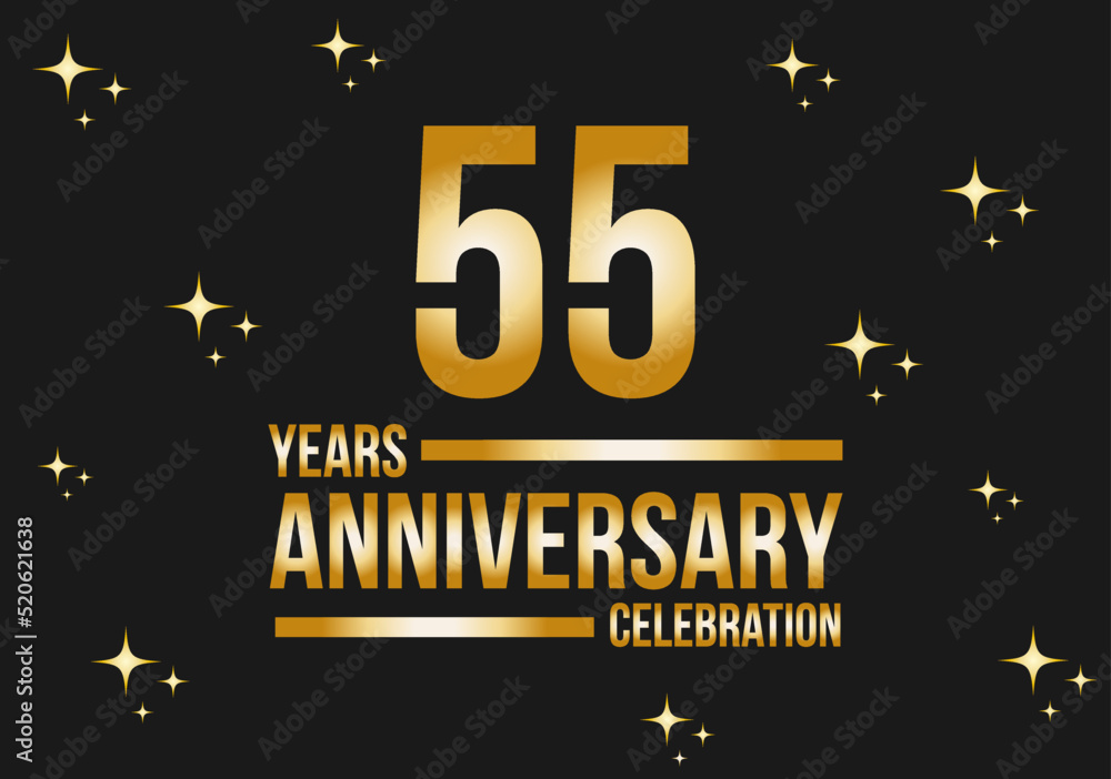55 years anniversary celebration logo. Gold vector on black background with glitter.
