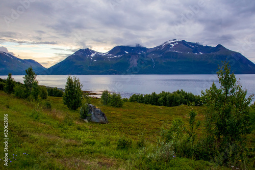 Stunning view point of mountains and blue sea at Norway photo