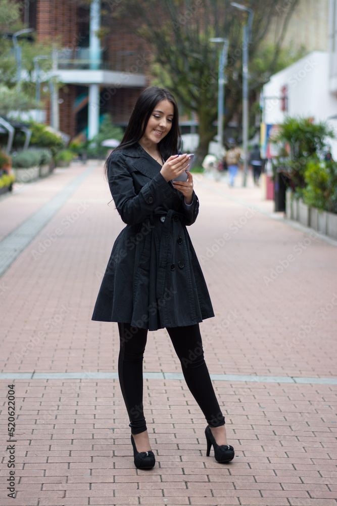 happy beautifull woman texting in a mobile phone on city street. happy beautifull woman texting in a mobile phone on city street.