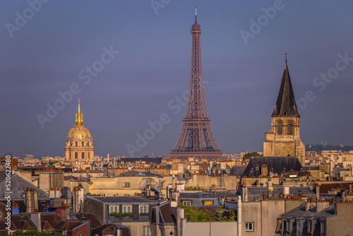 Eiffel tower view from Montparnasse at sunset from above, Paris, France