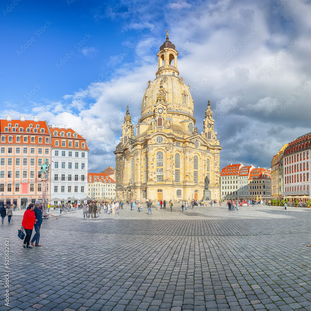 Fantastic view of  of Baroque church - Frauenkirche at Neumarkt square in downtown of Dresden.