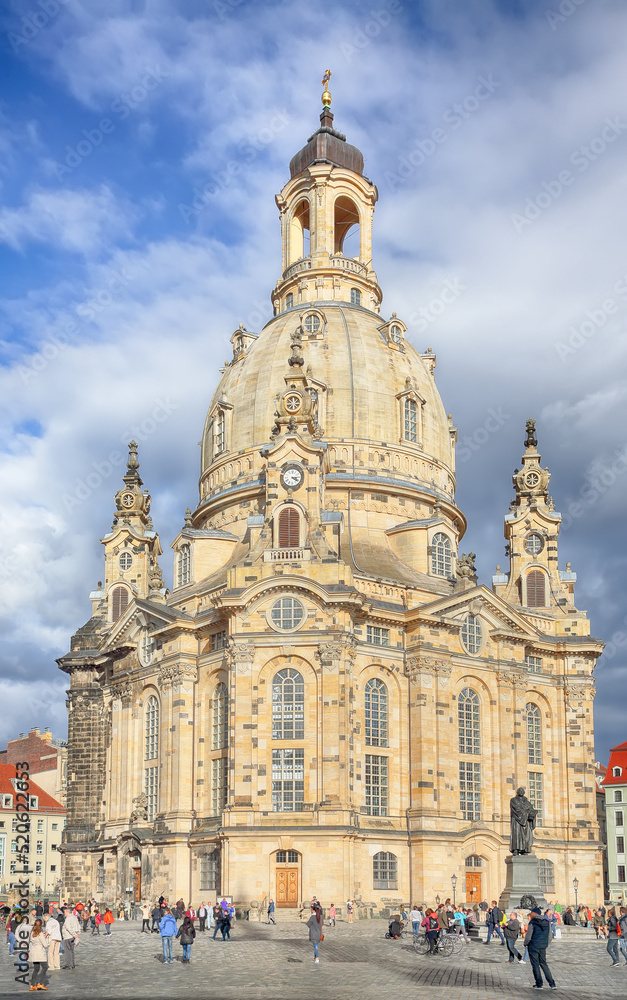 Amazing view of  of Baroque church - Frauenkirche at Neumarkt square in downtown of Dresden.