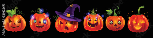 Halloween pumpkin vector set, orange happy cartoon lantern laugh festive element, scary carving face. Spooky funny expression, evil eyes, witch hat, cut mouth. Halloween pumpkin season holiday clipart
