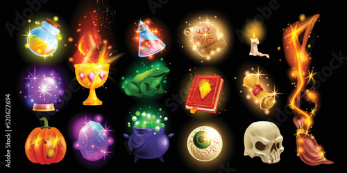 Game alchemical icon set, vector magic UI object, witch broomstick, wizard cauldron, potion bottle. Crystal ball, divination old book, Halloween pumpkin, creepy eye, skull. Magic object collection